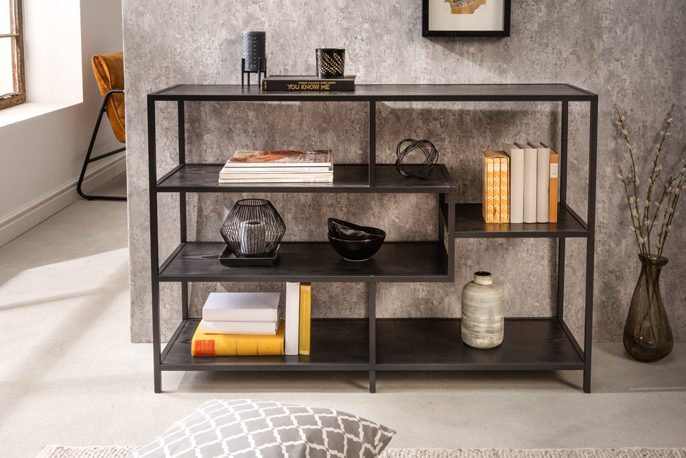 Industrial Bücherregal SLIM LINE 114cm Esche schwarz fünf Regalböden