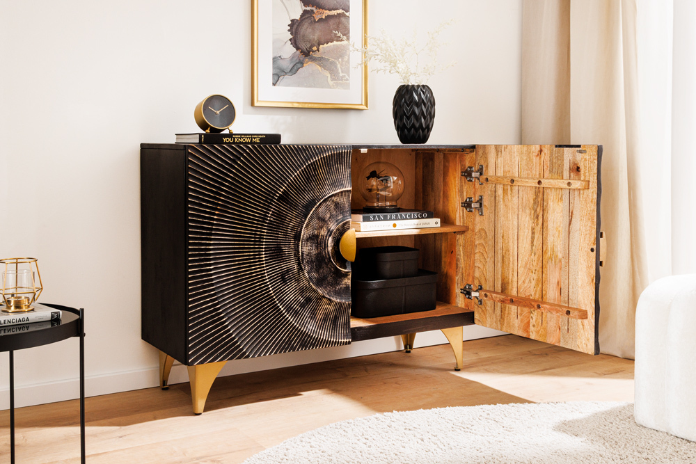 Massives Sideboard GOLDEN SUNSET 100cm schwarz Mangoholz 3D Schnitzerei gold Metall
