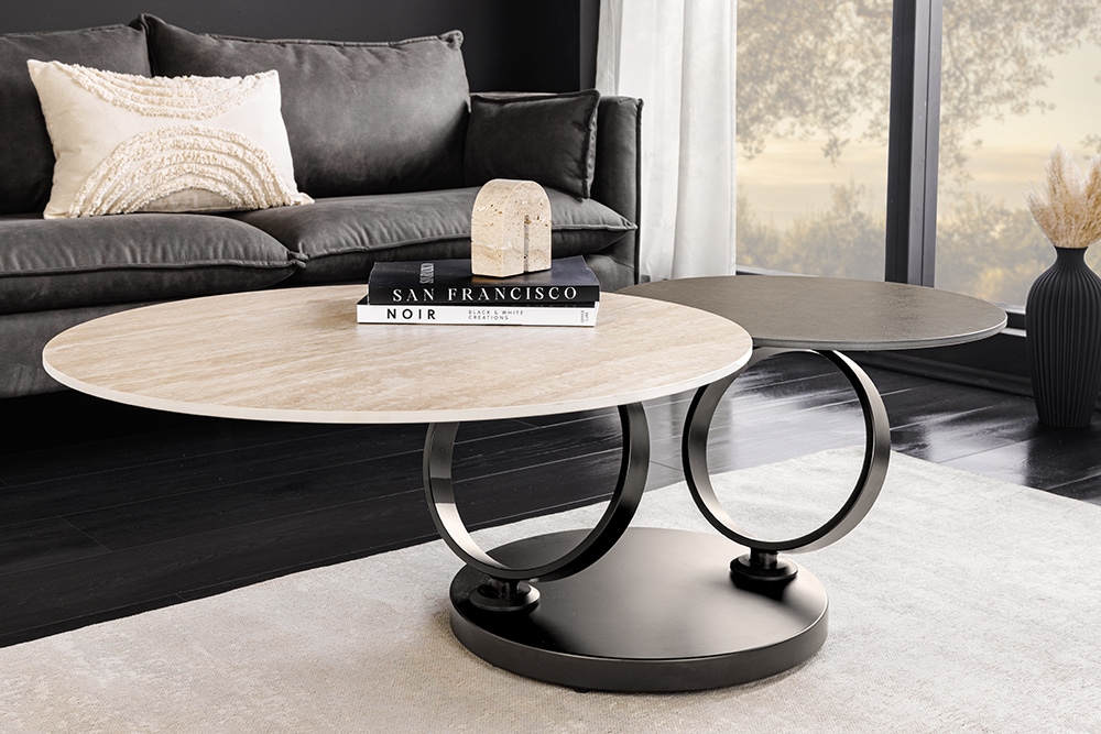 Design Couchtisch DANCING RINGS rost rund drehbar Travertin Keramik schwarz Gestell