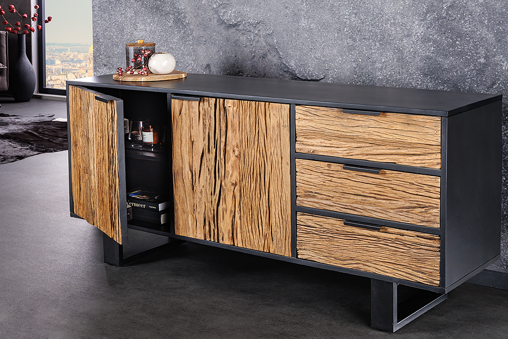 Massivholz Sideboard BARRACUDA 150cm Teak Mango schwarz Metall recycelt