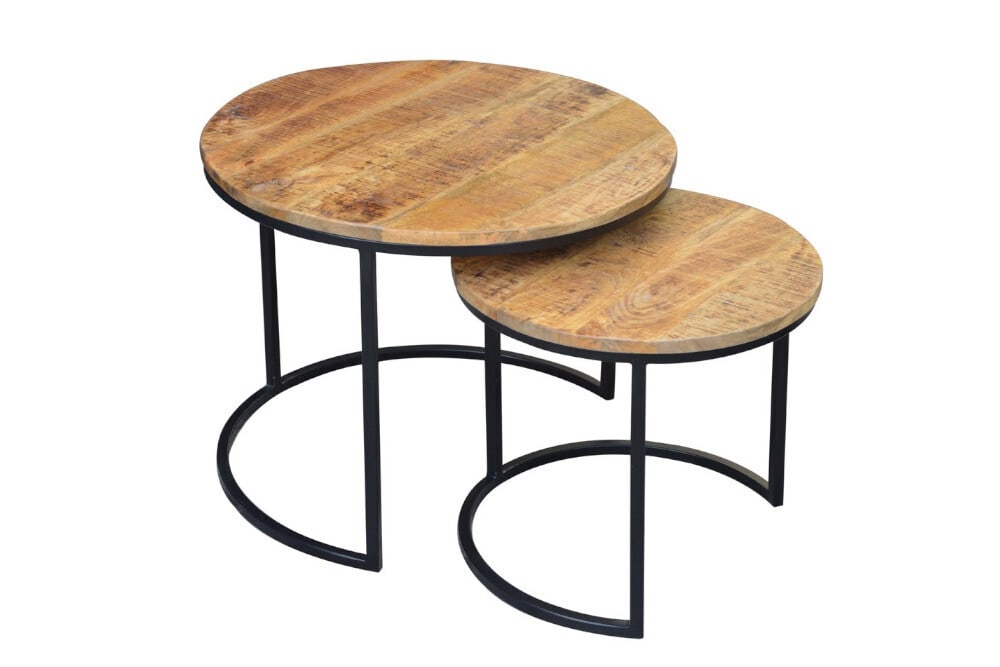 Industrial 2er Set Beistelltische ELEMENTS 60cm Mangoholz massiv rund schwarzes Metallgestell