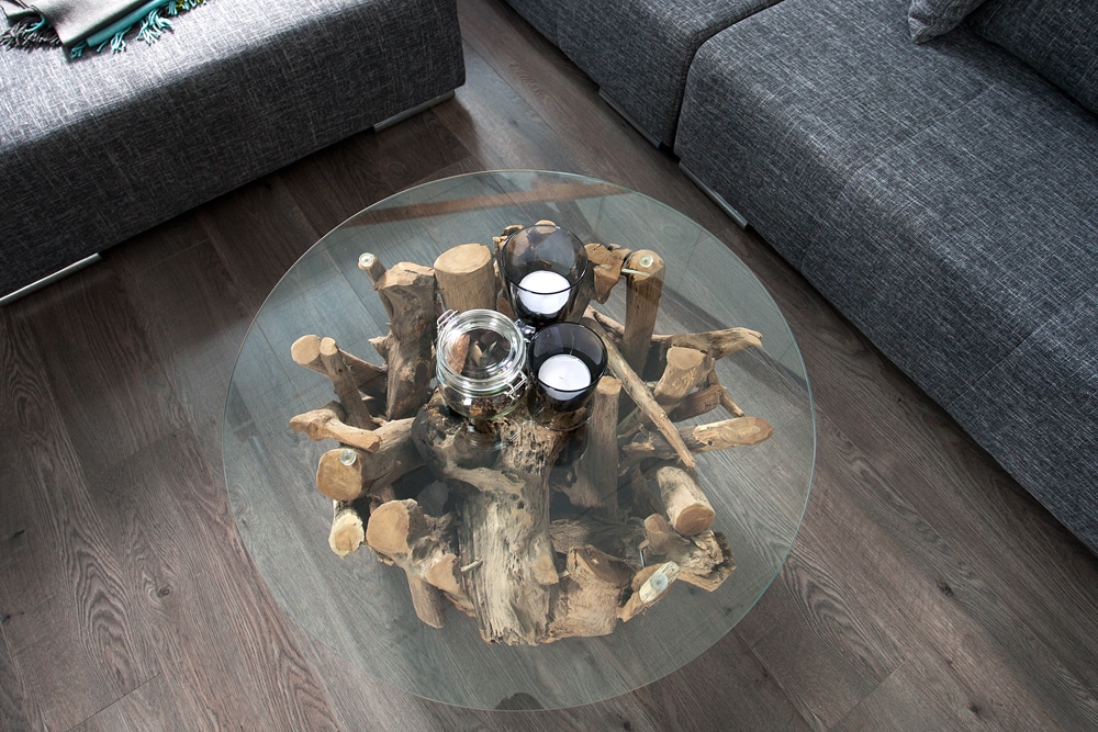 Design Couchtisch NATURE LOUNGE 60cm Teakholz mit runder Glasplatte Beistelltisch