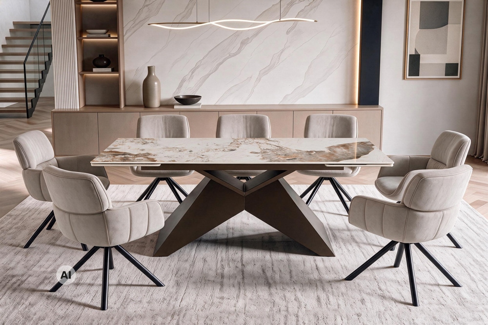 Design Esstisch DIAMOND 180-260cm weiß braun Pandora Keramik Metallgestell bronze