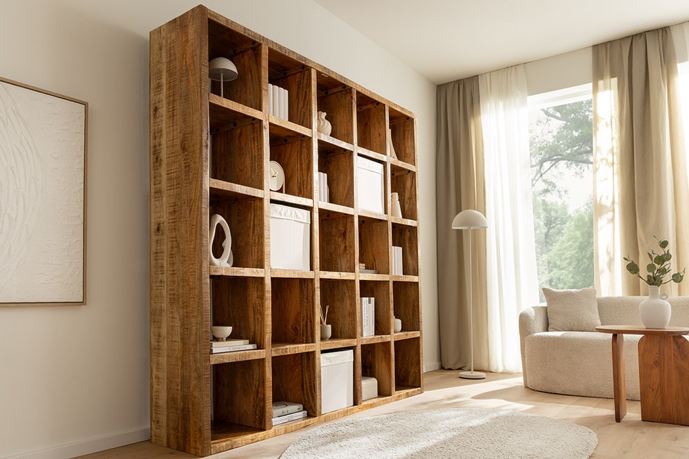 Massives Regal IRON CRAFT 200cm natur Mangoholz Bücherregal 25 Fächer