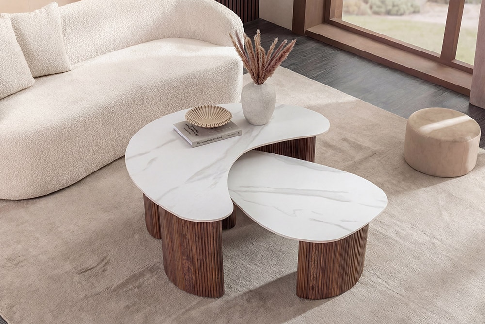 2er Set Couchtische OSAKA 120cm weiß Marmor Keramik Walnuss