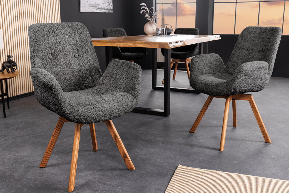 Drehbarer Design Stuhl BALTIC dunkelgrau Bouclé natur Eiche Massivholz mit Armlehne