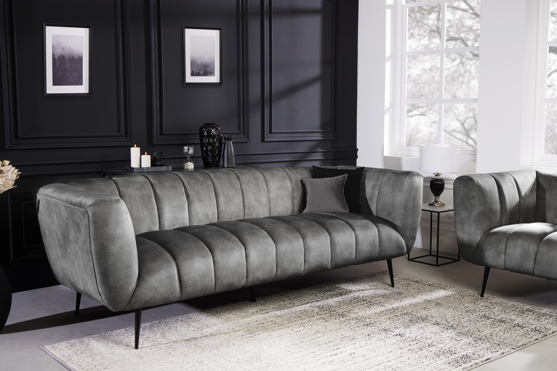 Design 3-Sitzer Sofa NOBLESSE 225cm grau Samt Federkern schwarze Metallfüße