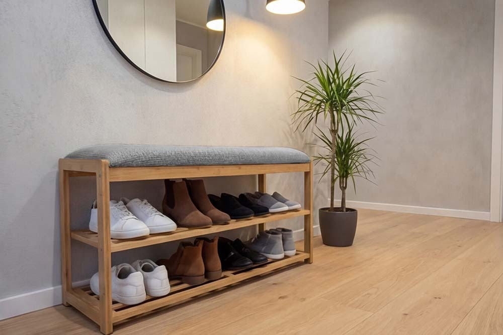 Stilvolle Schuhbank ZEN-BO 80cm natur grau Bambus Regal Sitzbank mit Stauraum