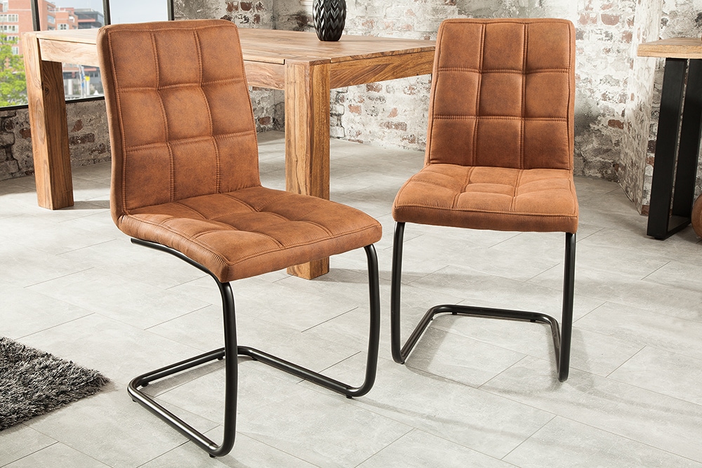 Industrial Freischwinger Stuhl MODENA hellbraun mit Ziersteppung