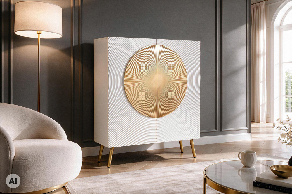 Massives Highboard AURUM 120cm weiß mit ikonischem Gold-Element