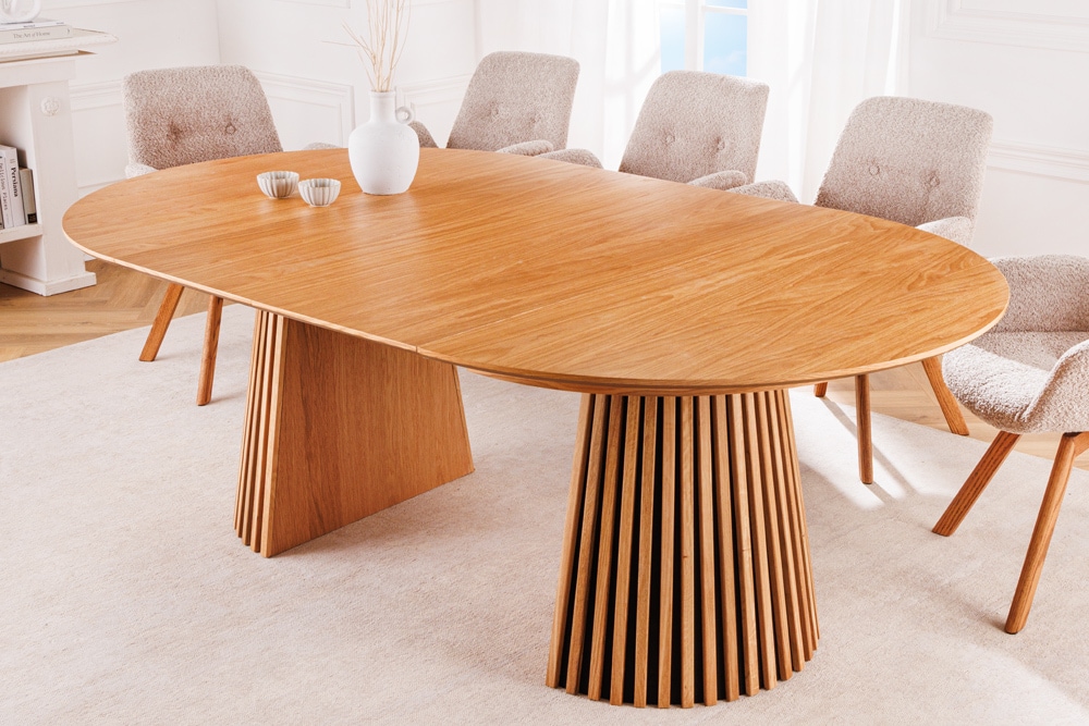 Ausziehbarer Esstisch VALHALLA WOOD 120-160-200cm natur Eichenholz oval Säulenfuß