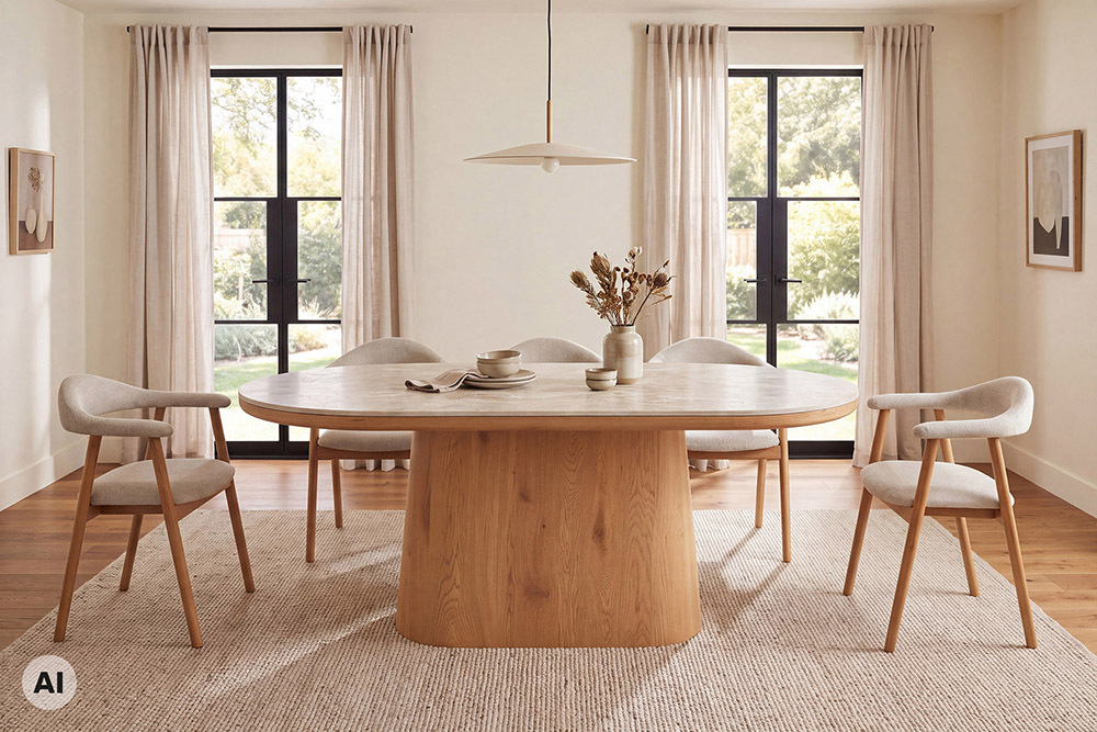 Ovaler Esstisch UNIQUE 200cm beige natur Travertin Eiche mit Säulenfuß » Jetzt kaufen