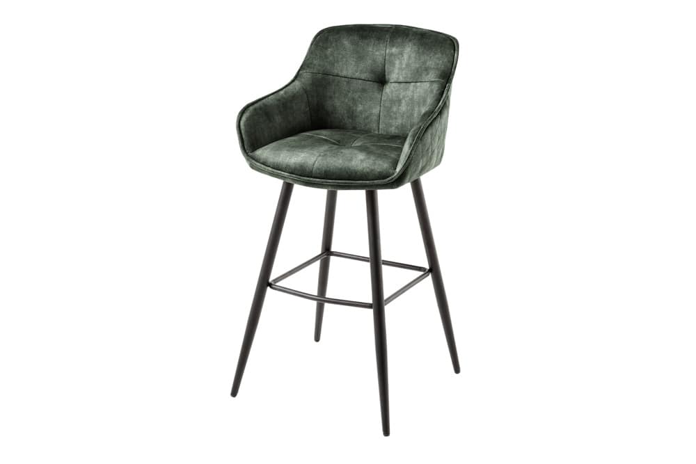 Design Barhocker EUPHORIA dunkelgrün Samt schwarze Metallbeine Barstuhl mit Lehne