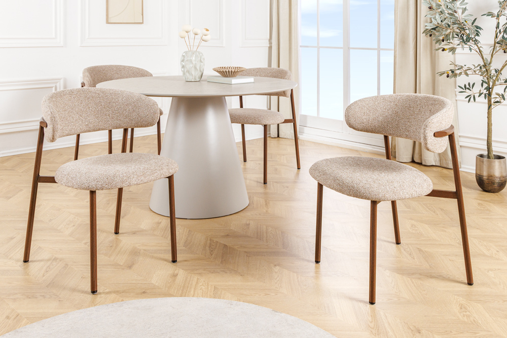 Design Stuhl BELFORT taupe beige Strukturstoff Metallgestell Walnuss