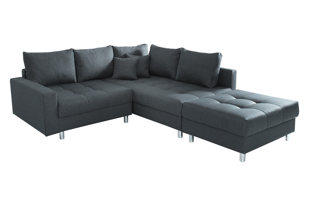 Moderne Wohnlandschaft KENT 220cm anthrazit Ecksofa Federkern inkl. Hocker und Kissen