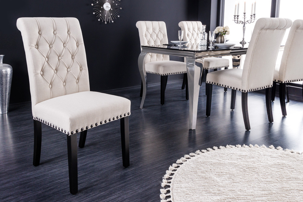 Design Stuhl CASTLE beige schwarz Strukturstoff Holzfüße Chesterfield