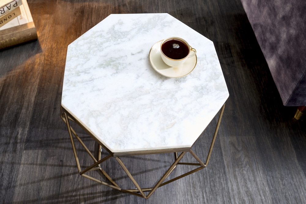 Design Beistelltisch DIAMOND 50cm weiß Marmor messing Metall