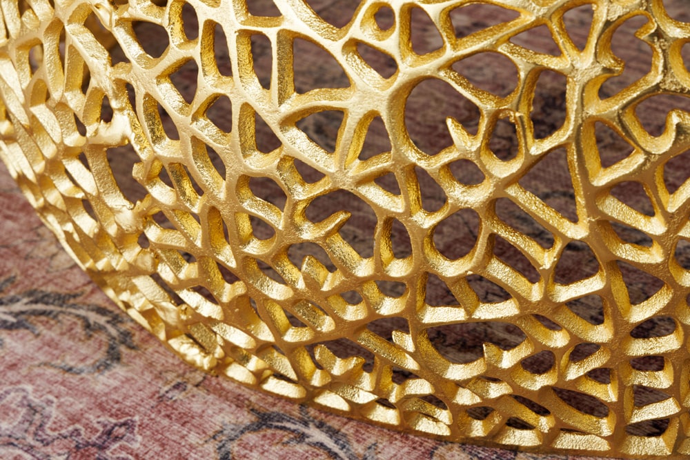 Runder Couchtisch ABSTRACT LEAF 75cm gold Metall massiv Akazienholz filigrane Handarbeit