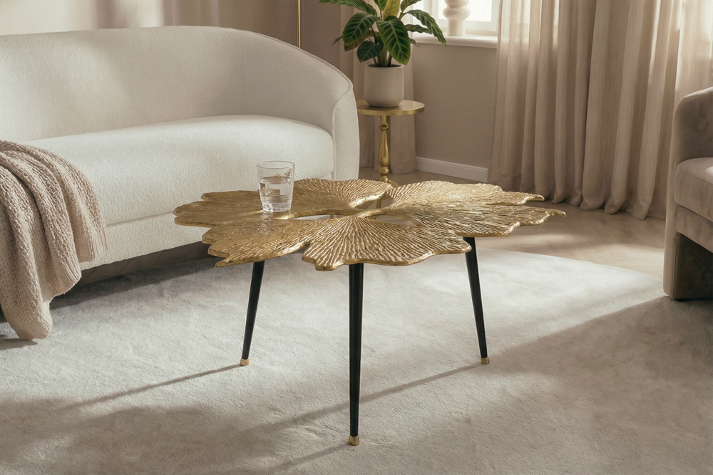 Dekorativer Couchtisch GINKGO LEAFS 75cm gold handmade Metall
