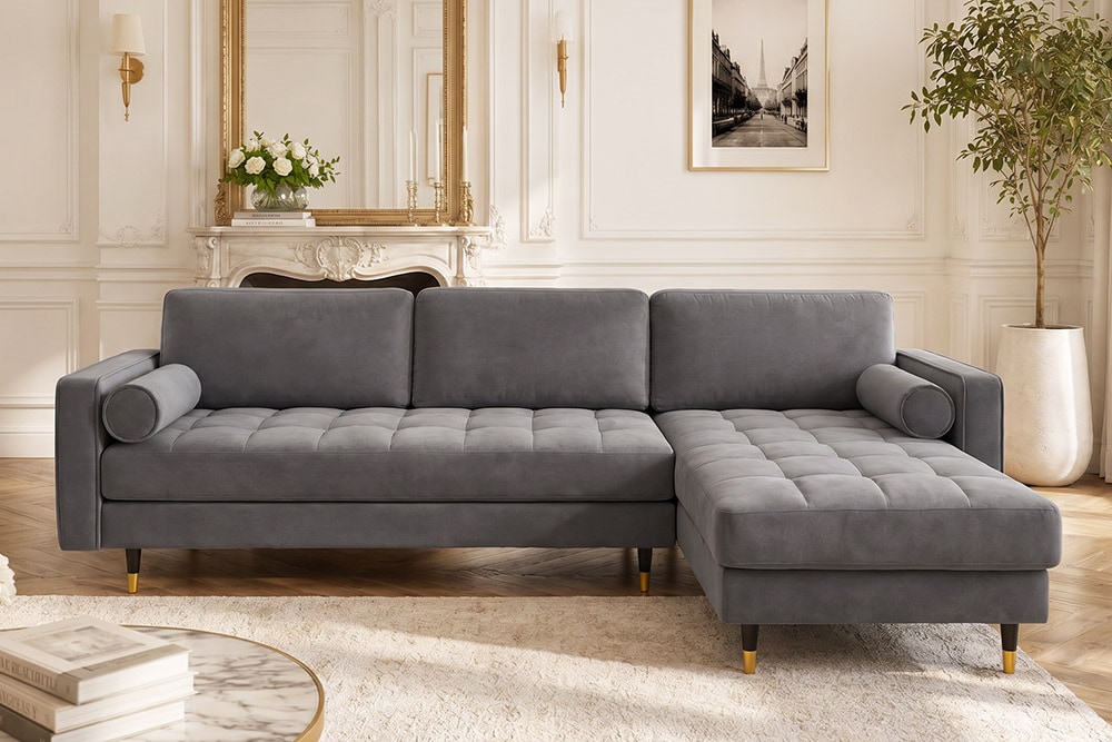 Elegantes Ecksofa COZY VELVET 260cm grau Samt Federkern 3-Sitzer