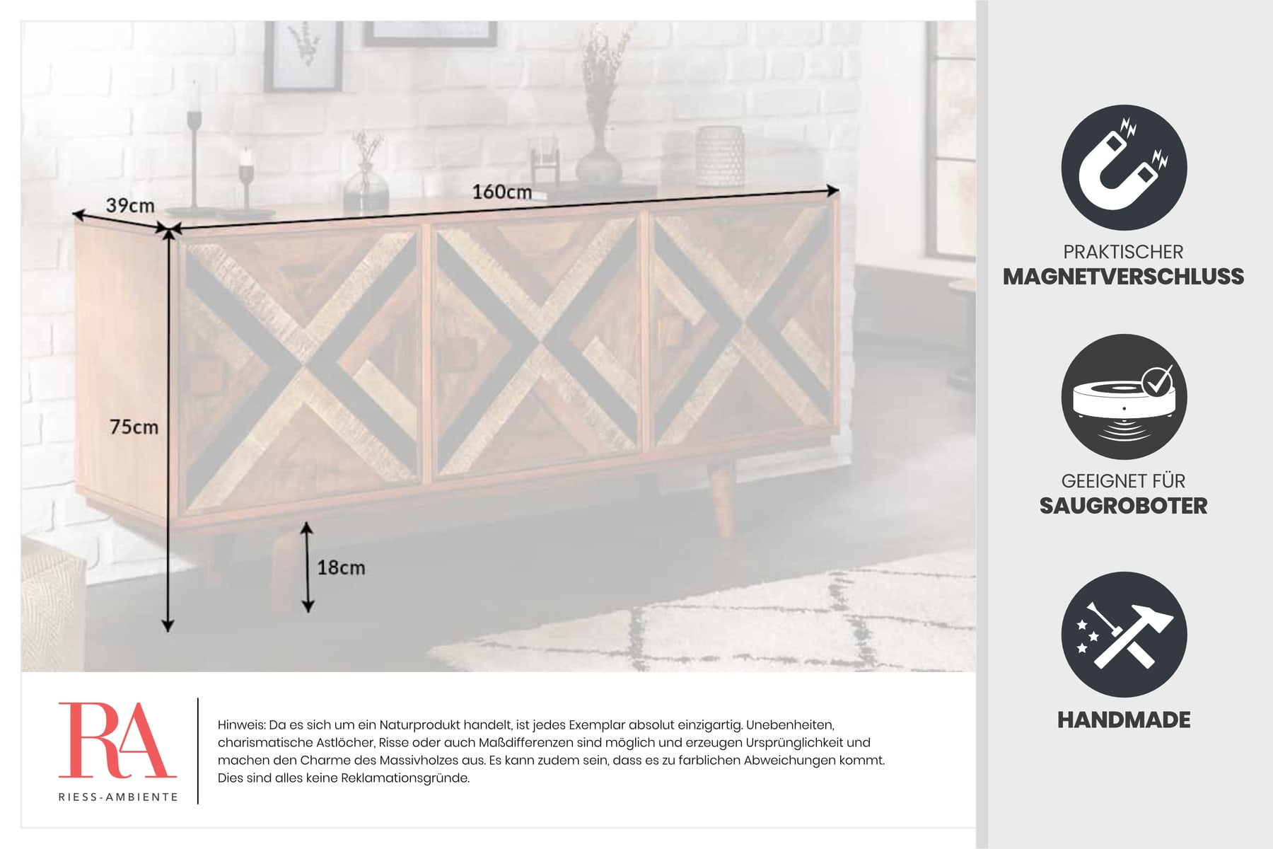 Elegantes Sideboard LONG ISLAND 160cm Mangoholz-Optik mit Retro Muster