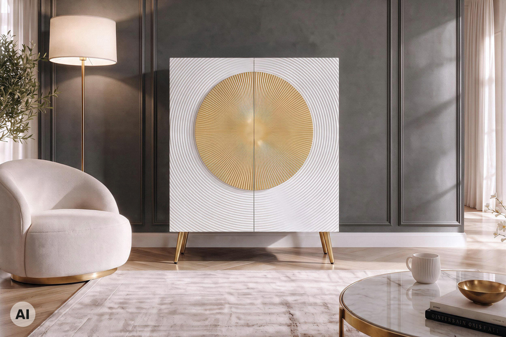 Massives Highboard AURUM 120cm weiß mit ikonischem Gold-Element