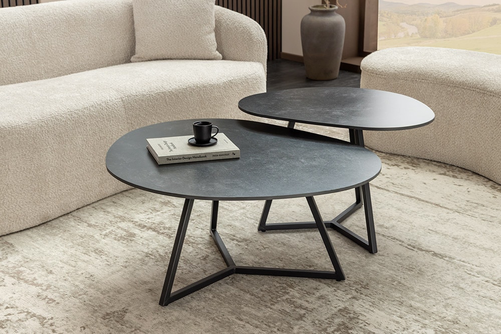 Design Couchtisch MARVELOUS 70cm anthrazit Marmor Keramik schwarzes Metall