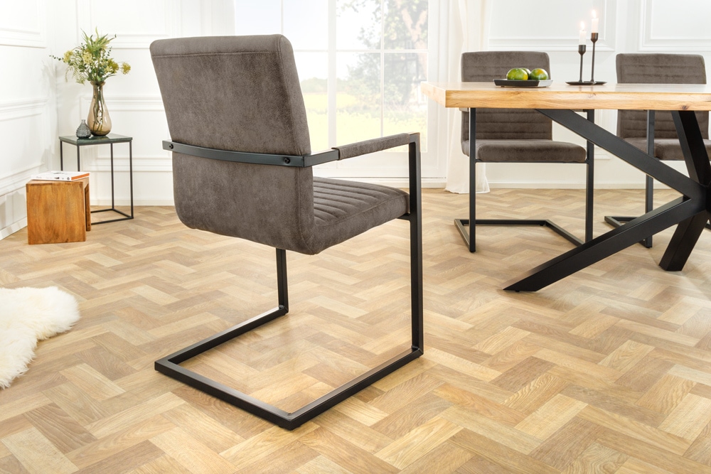 Moderner Freischwinger Stuhl LOFT taupe grau Microfaser mit Armlehne Eisengestell schwarz