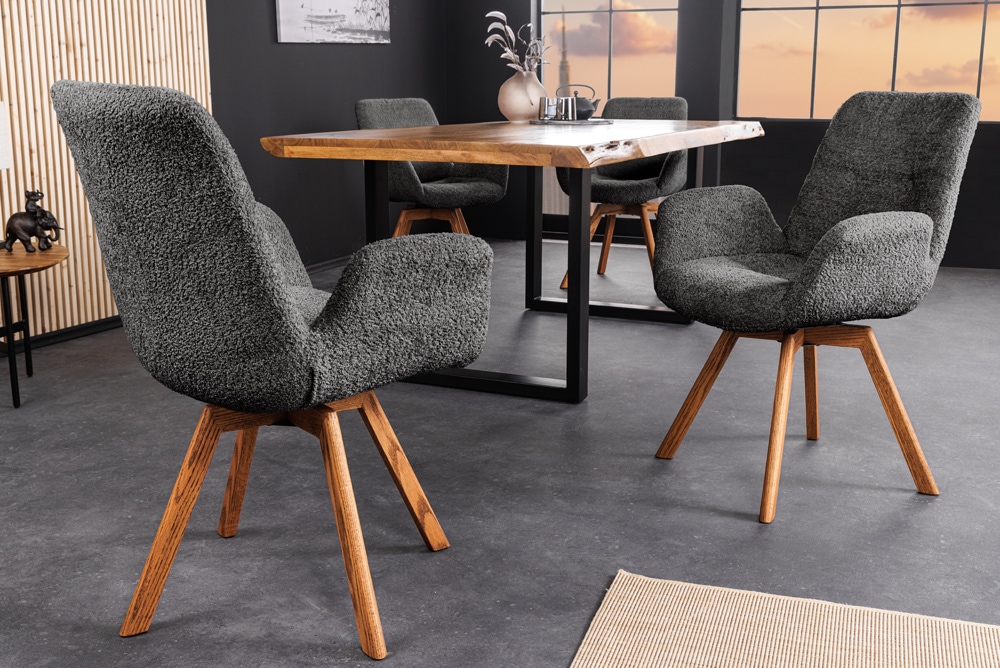 Drehbarer Design Stuhl BALTIC dunkelgrau Bouclé natur Eiche Massivholz mit Armlehne
