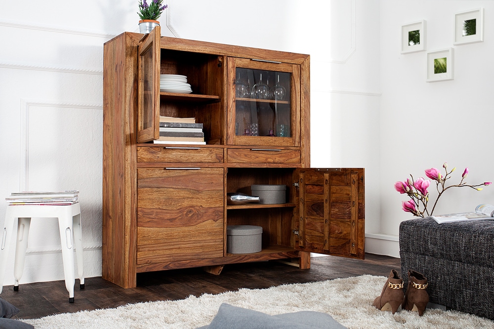 Massives Highboard PURE 140cm braun Sheesham stone finish Vitrine Palisander
