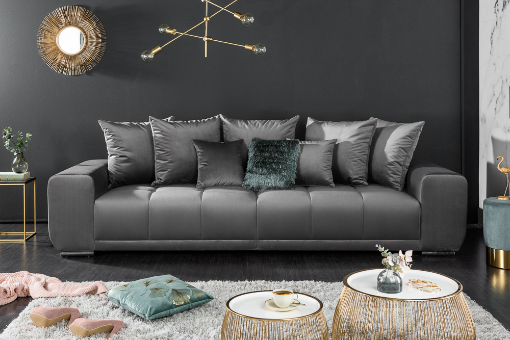 Big Sofa ELEGANCIA 285cm silbergrau Samt XXL Couch inkl. Kissen Federkern