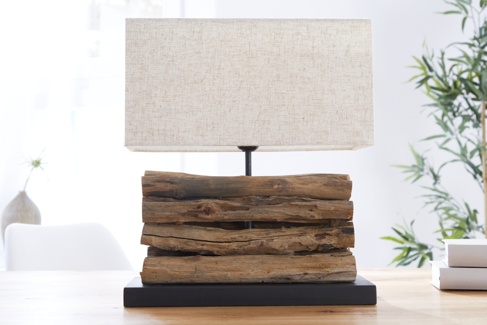 Handgefertigte Tischlampe PERIFERE 40cm beige Treibholz Leinenschirm