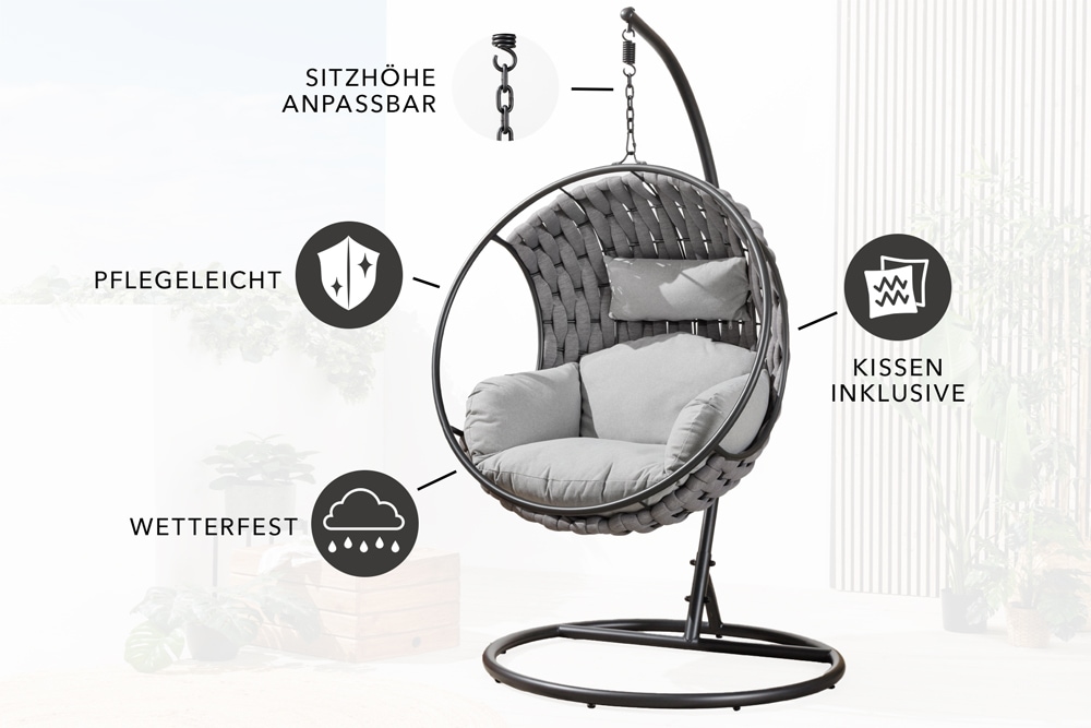 In- und Outdoor Hängesessel ROPE anthrazit grau mit Gestell wetterfest inkl. Kissen