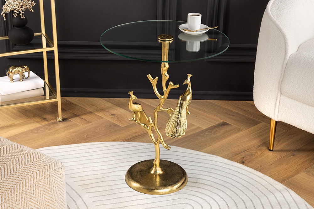 Runder Beistelltisch WILDLIFE PEACOCK 60cm gold Glasplatte Metall Pfauen-Skulptur