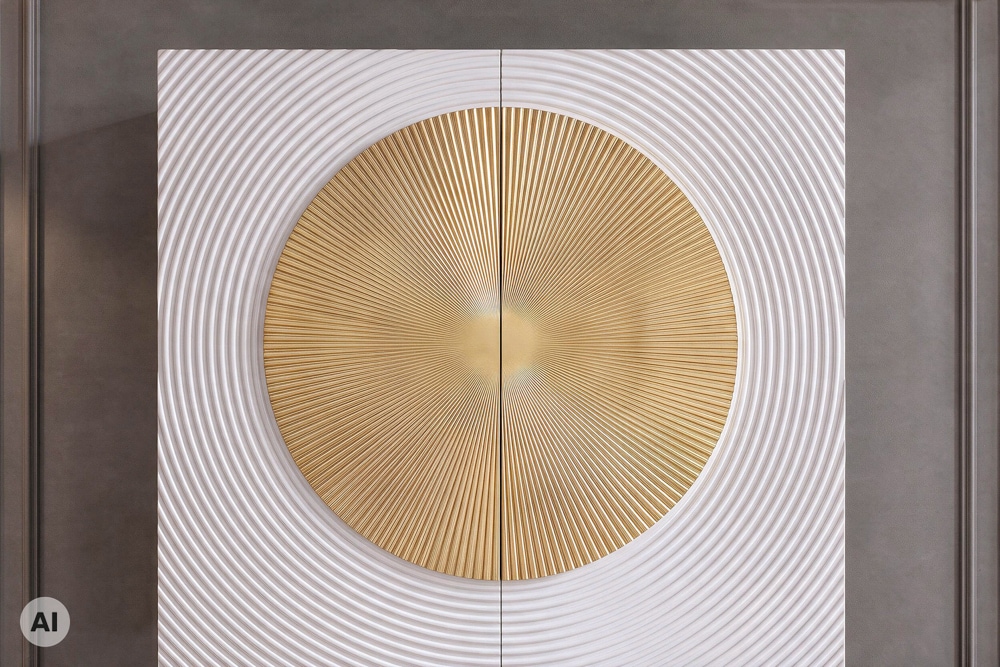 Massives Highboard AURUM 120cm weiß mit ikonischem Gold-Element