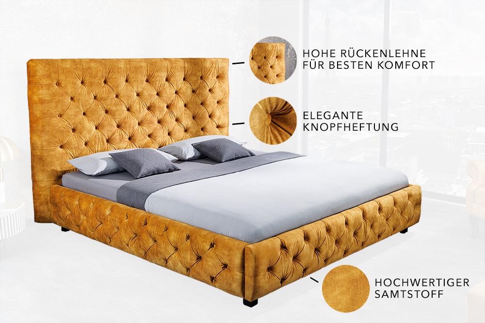 Queensize Doppelbett PARIS 160x200cm senfgelb Samt Chesterfield Design