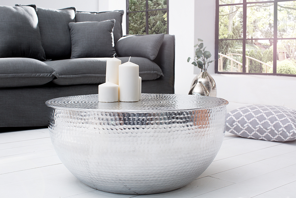 Runder Couchtisch ORIENT II 60cm silber Metall Aluminium Hammerschlag Design handmade