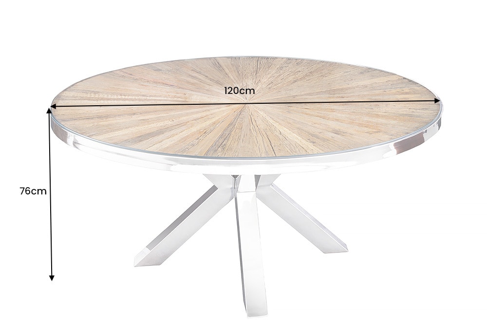 Runder Esstisch BARRACUDA 120cm braun Teak Massivholz Glasplatte silber Edelstahl verchromt