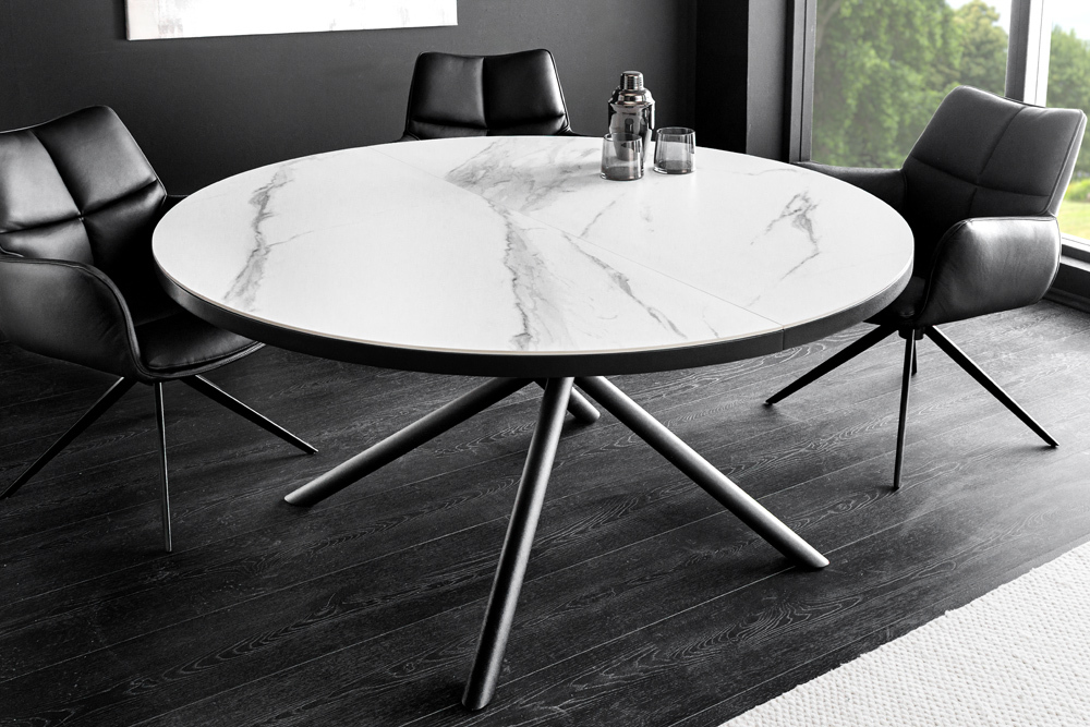 Ausziehbarer Esstisch MIKADO 120-160cm weiß Keramik oval schwarz Sterngestell