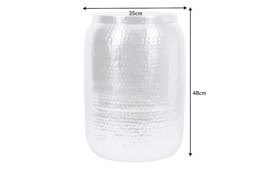 Handgefertigter Beistelltisch ORIENT STORAGE 50cm silber Hammerschlag Design mit Stauraum rund