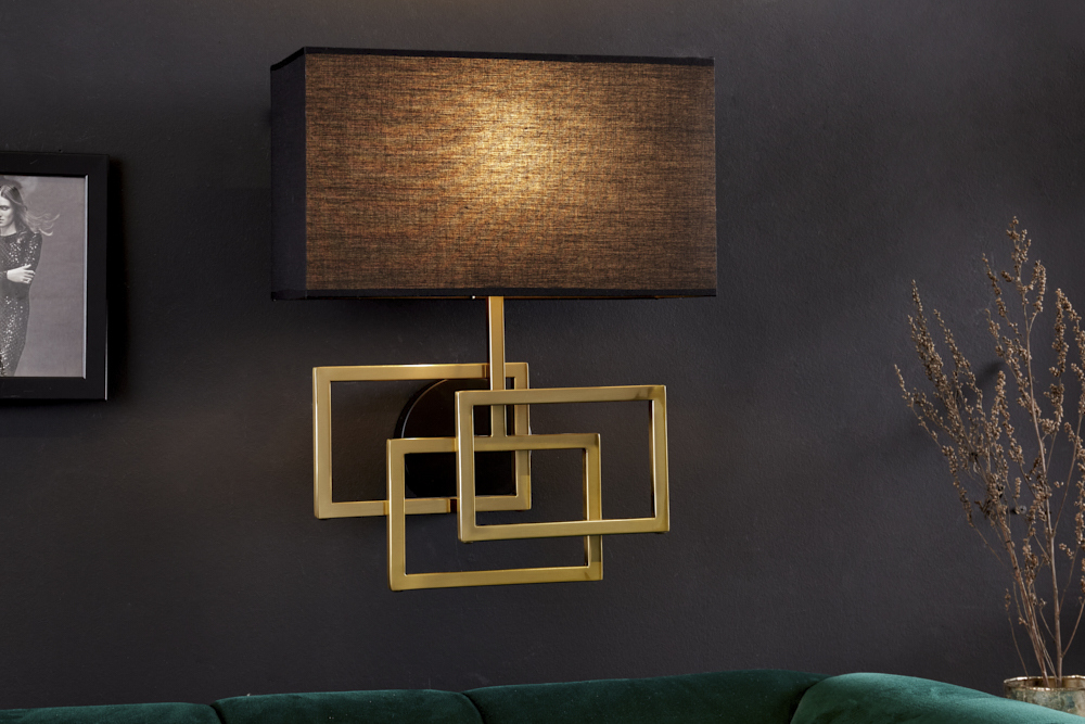 Moderne Wandleuchte ATLANTIS 44cm gold Stoffschirm schwarz Lampe