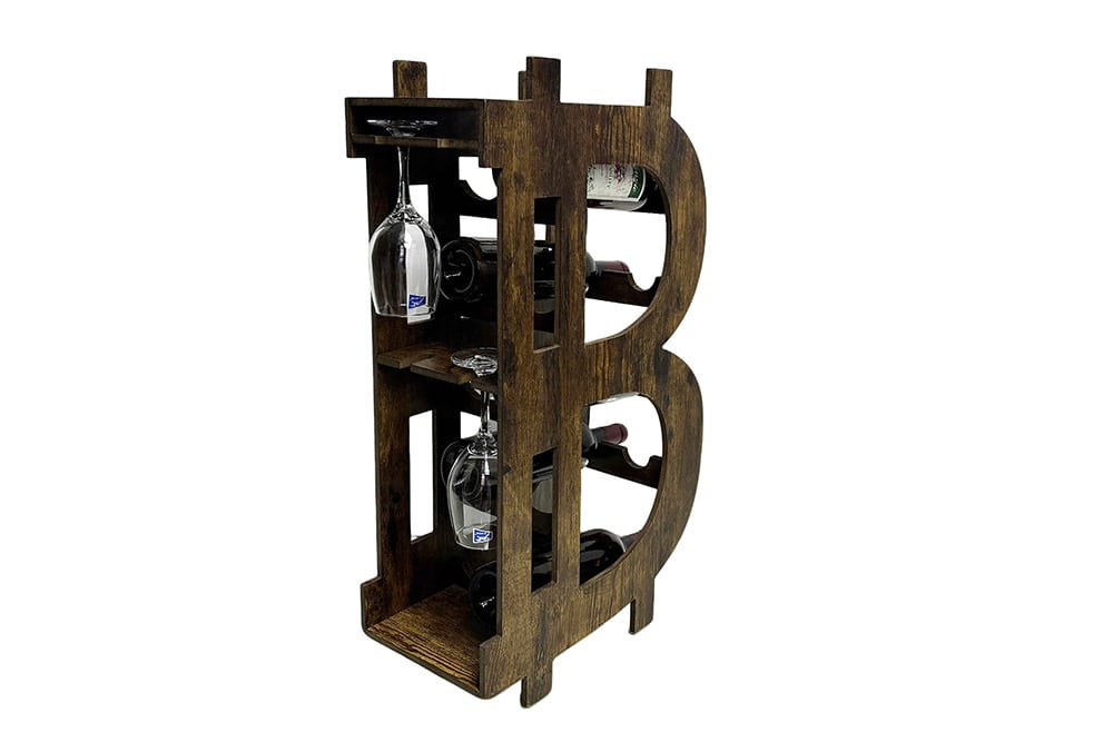 Stilvolles Weinregal BITCOIN 70cm natur Holzregal für 10 Flaschen und 4 Gläser