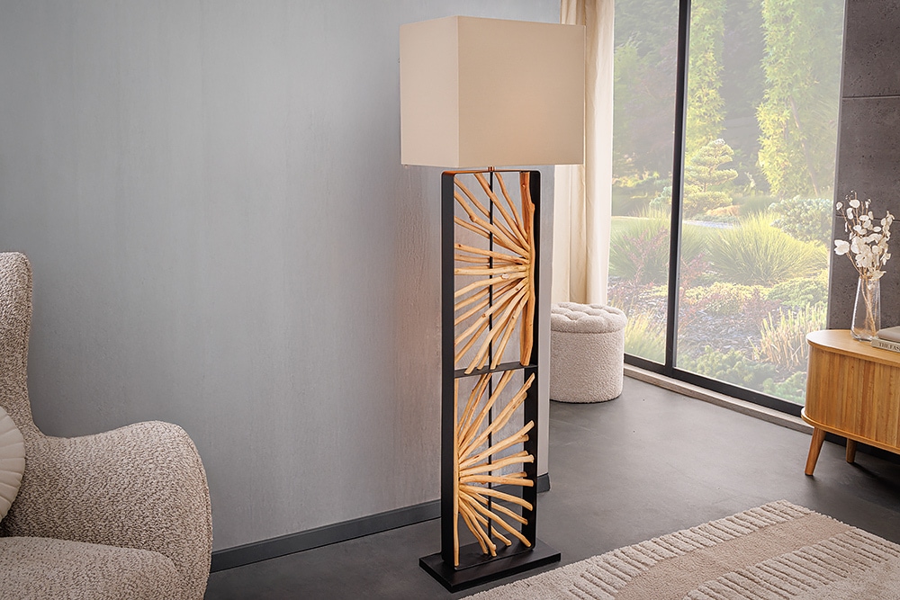 Handgefertigte Stehlampe EUPHORIA 165cm natur Longanholz beige mit Lampenschirm