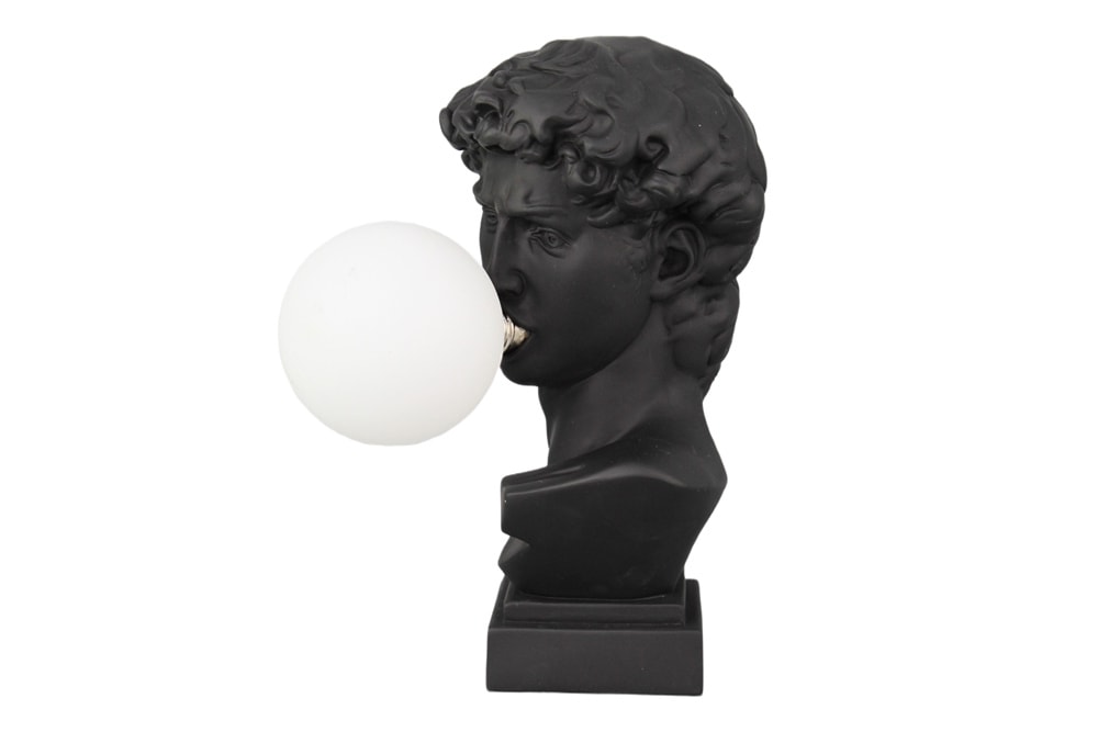 Handgefertigte Tischlampe DAVID 30cm schwarz Büste mit weißer Lampenkugel