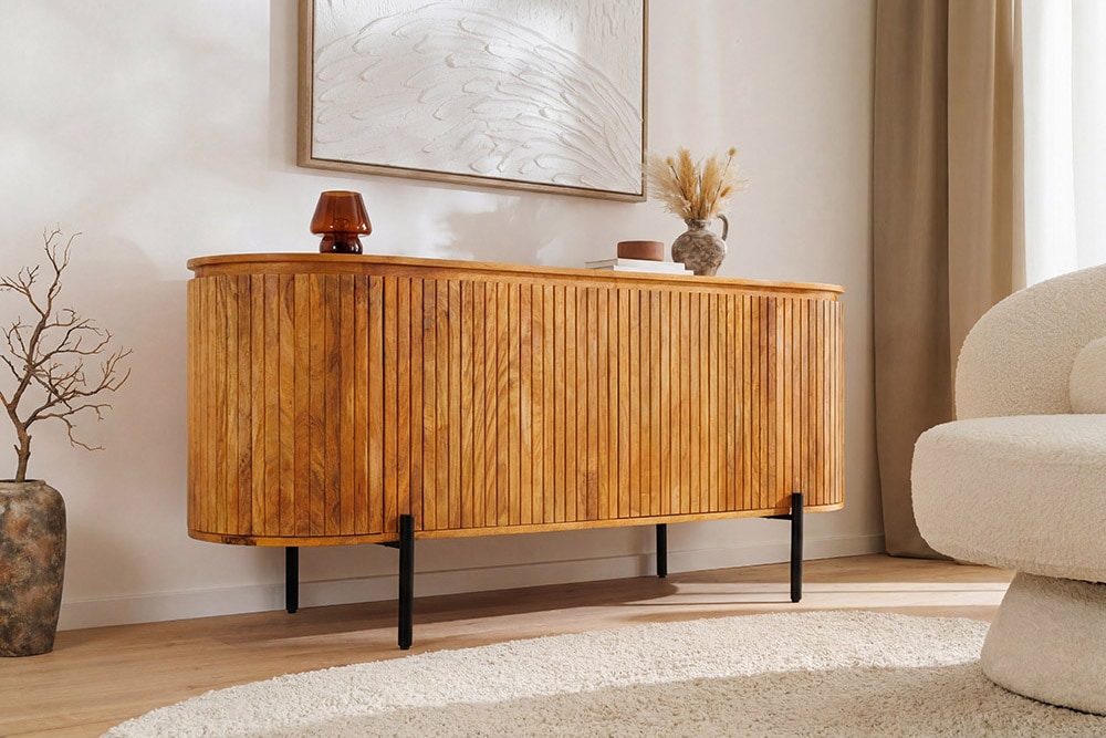 Massives Sideboard GATSBY 160cm natur Mangoholz schwarz Metall mit Lamellenfront