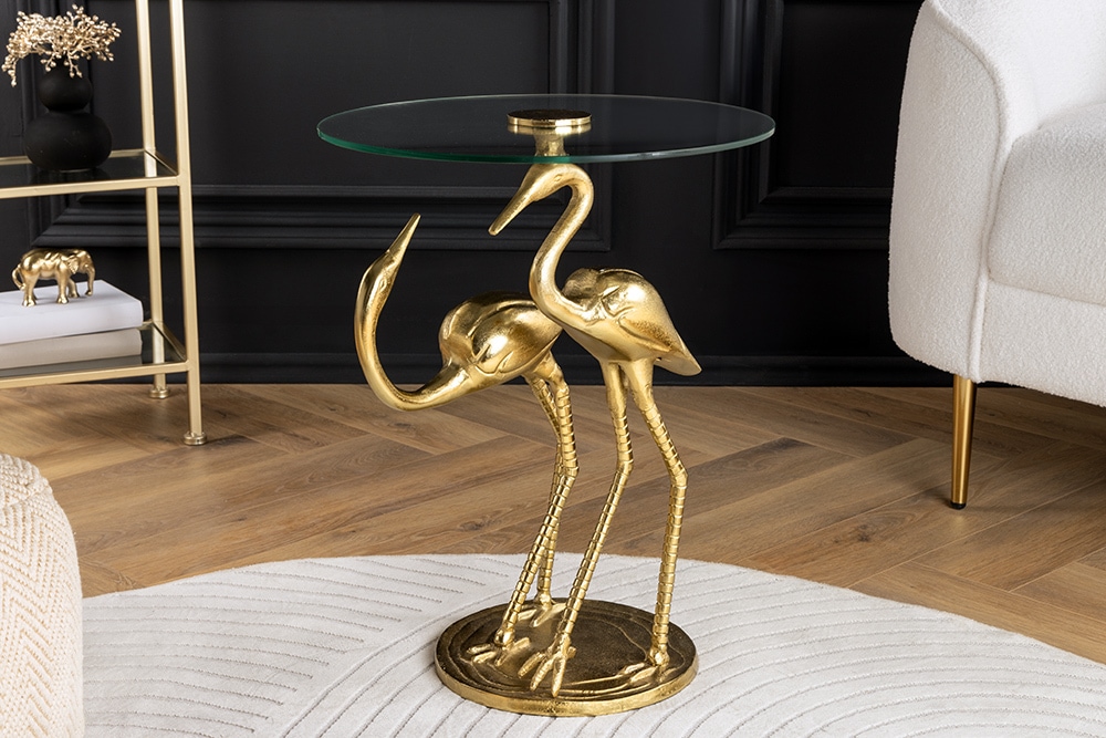 Runder Beistelltisch WILDLIFE CRANE 55cm gold Glas Kranich-Skulptur handmade » Jetzt kaufen