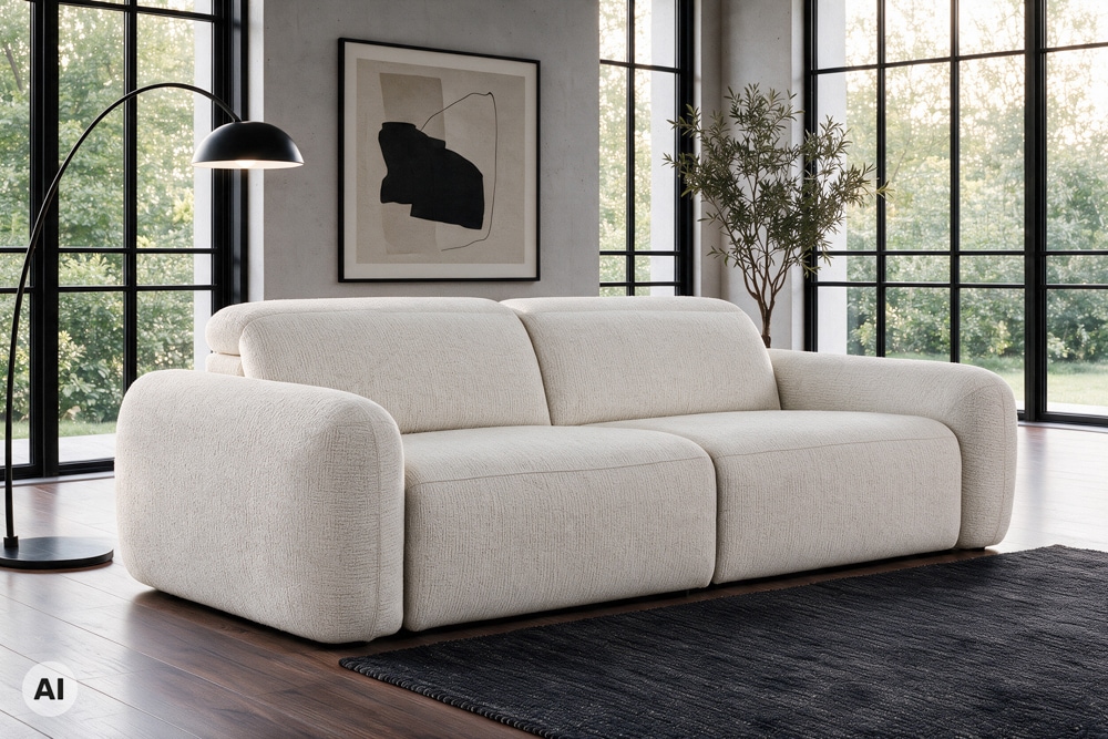 3er Sofa MILANO 220cm beige Bouclé Tweed Soft elektrisch verstellbare Fuß und Kopfstütze