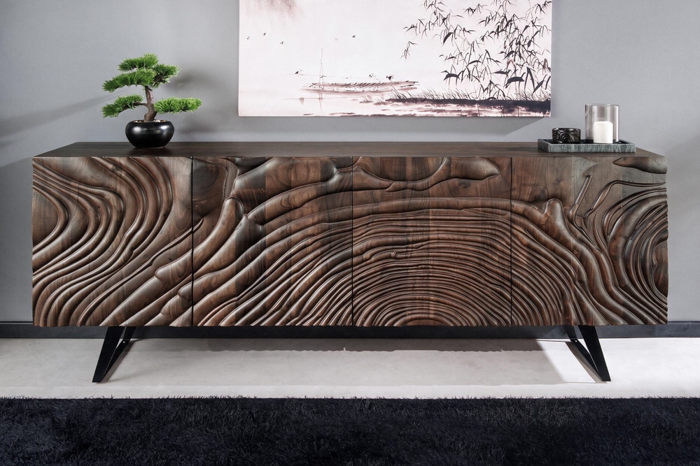Massives Sideboard FLUID 175cm braun Mangoholz 3D-Design Kufengestell