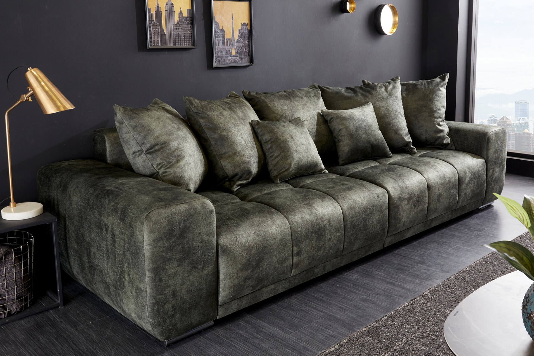 Big Sofa ELEGANCIA 285cm moosgrün Microfaser XXL Couch inkl. Kissen Federkern