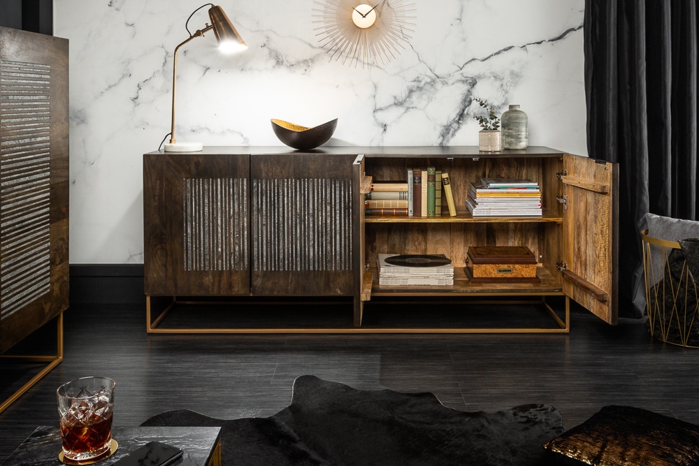 Massives Sideboard ONYX 180cm dunkelbraun Mangoholz Edelstein Achat gold Metallgestell